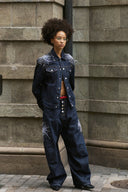 STEEPC Firework Embroidered Rhinestone Curved Raw Jeans