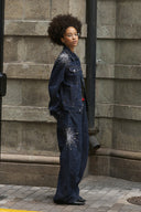 STEEPC Firework Embroidered Rhinestone Curved Raw Jeans