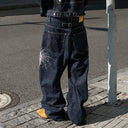 STEEPC Firework Embroidered Rhinestone Curved Raw Jeans