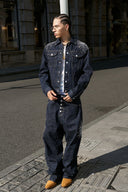 STEEPC Firework Embroidered Rhinestone Curved Raw Jeans