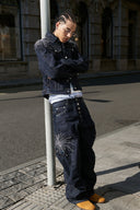 STEEPC Firework Embroidered Rhinestone Curved Raw Jeans