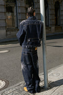 STEEPC Firework Embroidered Rhinestone Raw Denim Jacket