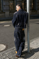 STEEPC Firework Embroidered Rhinestone Curved Raw Jeans