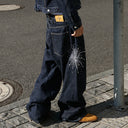 STEEPC Firework Embroidered Rhinestone Curved Raw Jeans