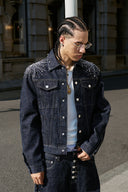 STEEPC Firework Embroidered Rhinestone Raw Denim Jacket