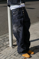 STEEPC Firework Embroidered Rhinestone Curved Raw Jeans