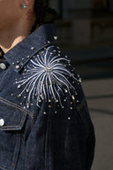 STEEPC Firework Embroidered Rhinestone Raw Denim Jacket