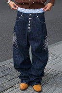 STEEPC Firework Embroidered Rhinestone Curved Raw Jeans